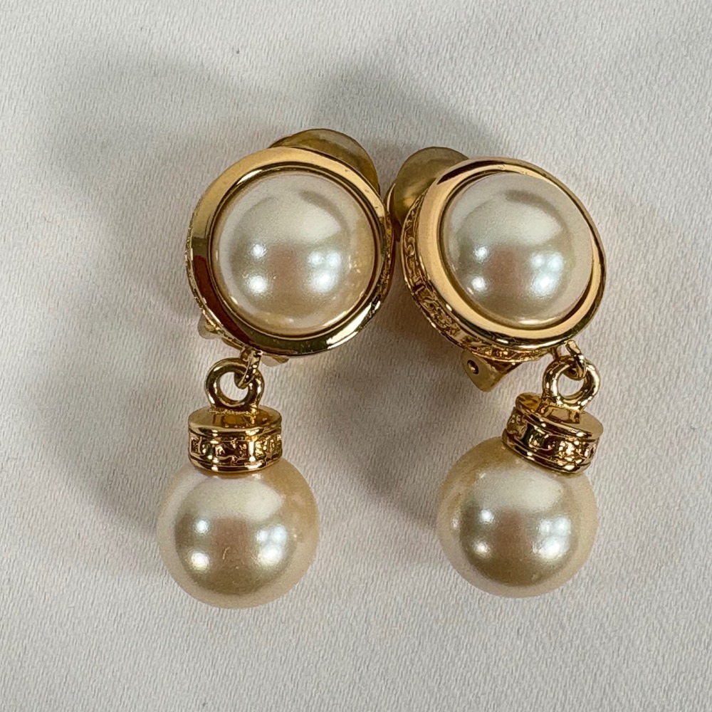 Christian Dior Drop Earrings Gold Cream Faux Pearl Vintage Logo Clip On Signed